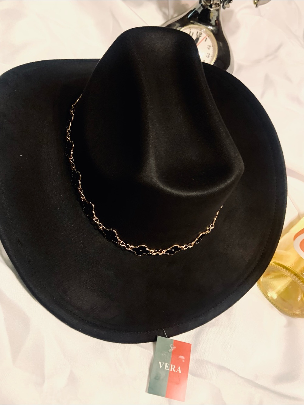 Black Women's Felt Cowboy Hat/ Gold Chain Detai WITH FREE GLAM JEWELRY - Picture 5 of 8